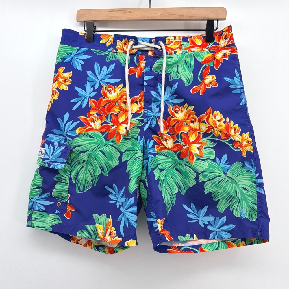 Polo Ralph Lauren Swim Trunks Mens M Blue Floral Tropical Hibiscus‎ Beachwear